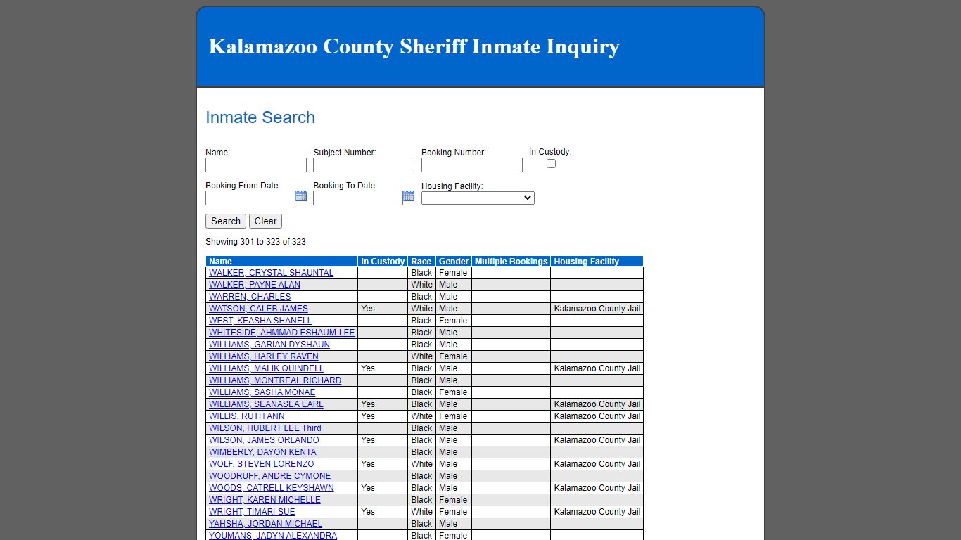 Inmate Search - Kalamazoo County County Consolidated Dispatch